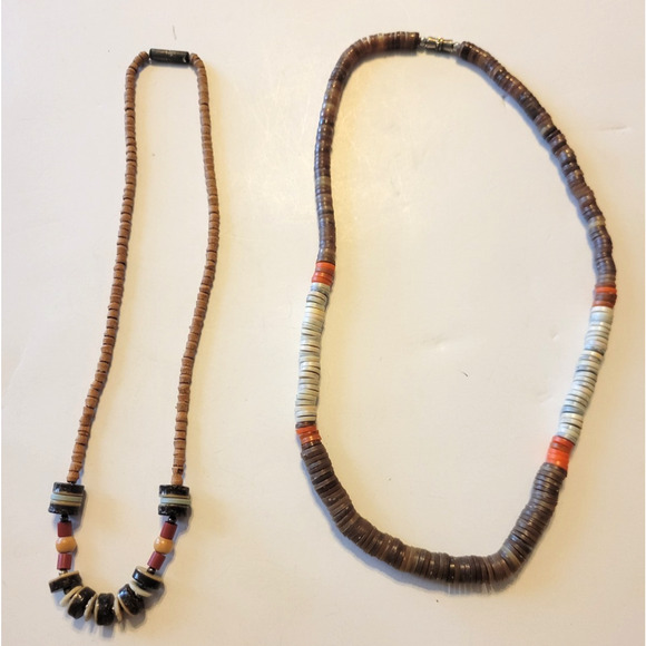 Puka Shell & Wood Beaded Beach Surfing Hawaiian Ethnic Jewelry Necklace Lot of 2 - Picture 1 of 10